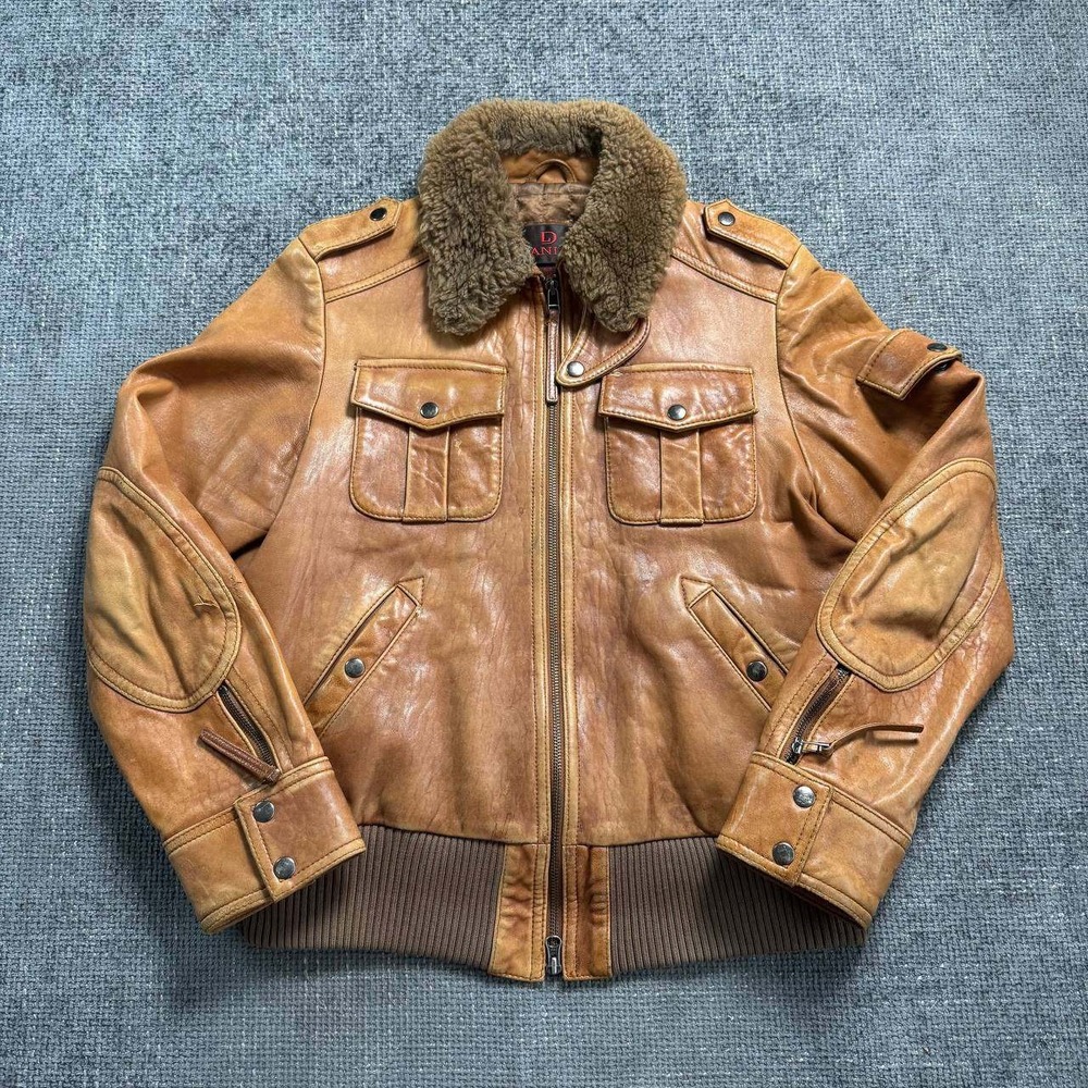 Daniel Leather Aviator Bomber Jacket Women M Tan Faux Fur Collar Y2K Flight